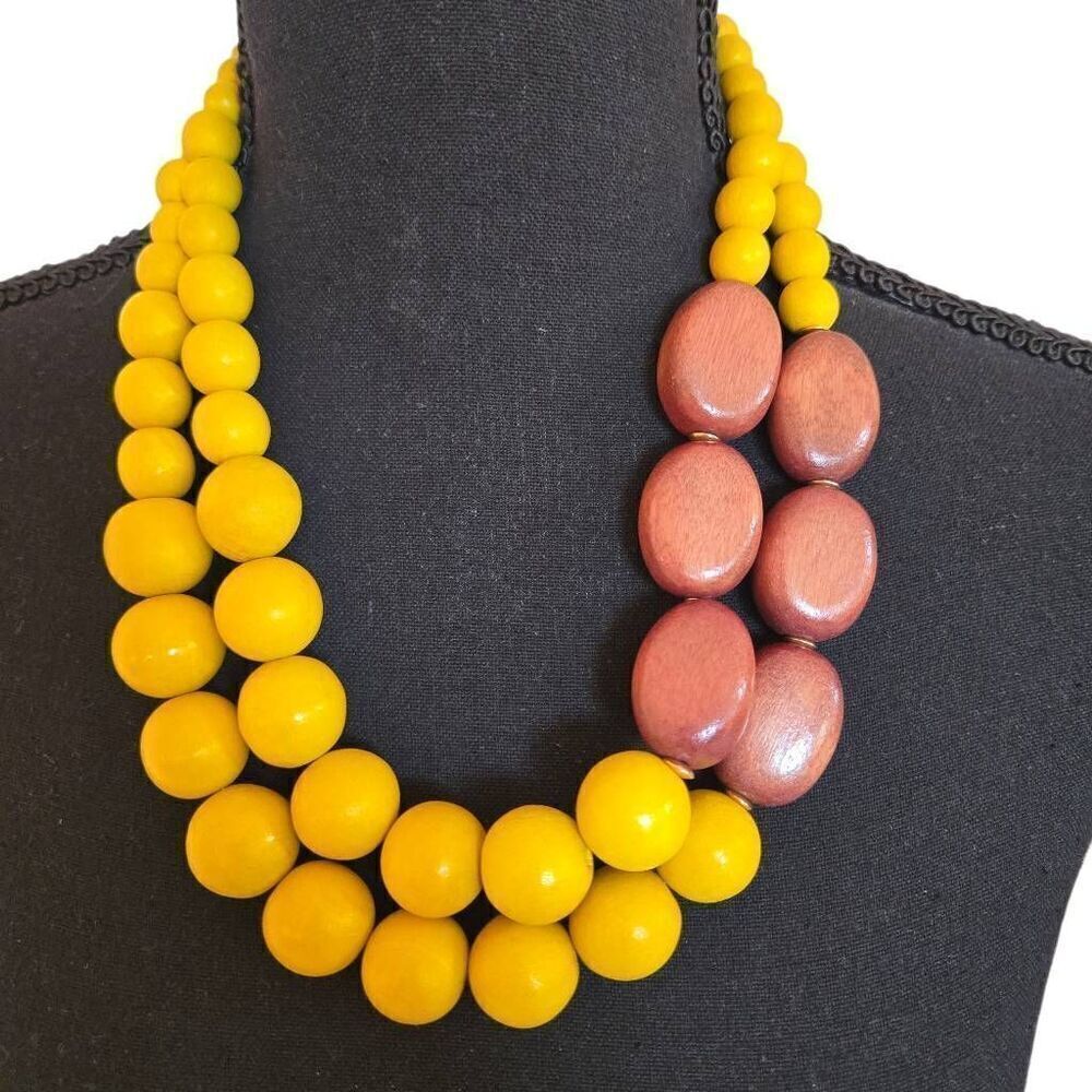 Womens Two Strand Wooden Bead Fashion Statement Necklace Yellow OS
